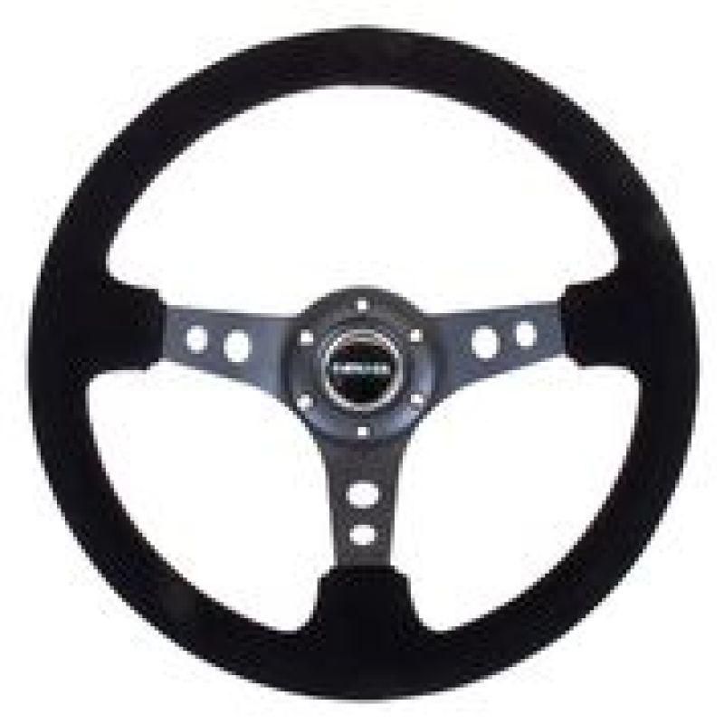 NRG Reinforced Steering Wheel (350mm / 3in. Deep) Blk Suede/Blk Stitch w/Black Circle Cutout Spokes - SMINKpower Performance Parts NRGRST-006-S NRG