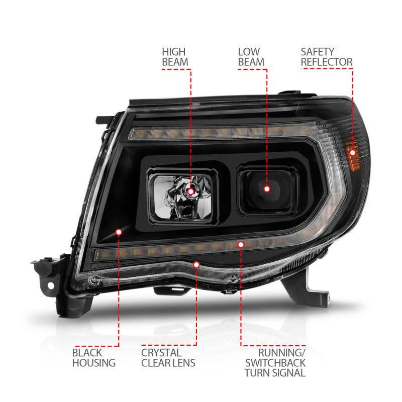 ANZO 05-11 Toyota Tacoma Projector Headlights w/Light Bar Switchback Black Housing-tuningsupply.com