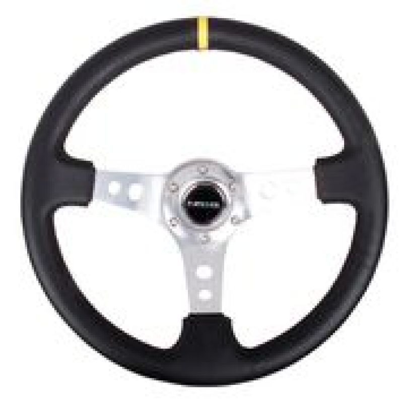 NRG Reinforced Steering Wheel (350mm / 3in. Deep) Blk Leather w/Circle Cut Spokes & Single Yellow CM-tuningsupply.com