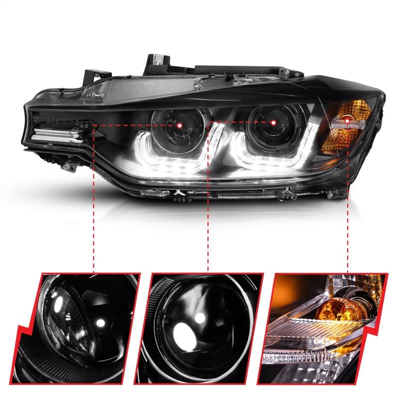 ANZO 2012-2015 BMW 3 Series Projector Headlights w/ U-Bar Black-tuningsupply.com