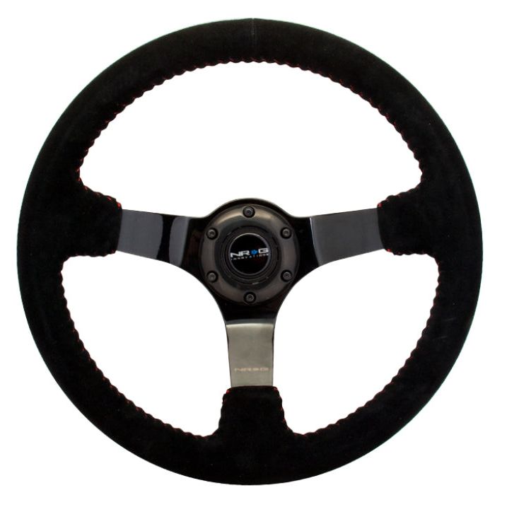 NRG Reinforced Steering Wheel (350mm / 3in. Deep) Blk Suede w/Red BBall Stitch & Black 3-Spoke-tuningsupply.com