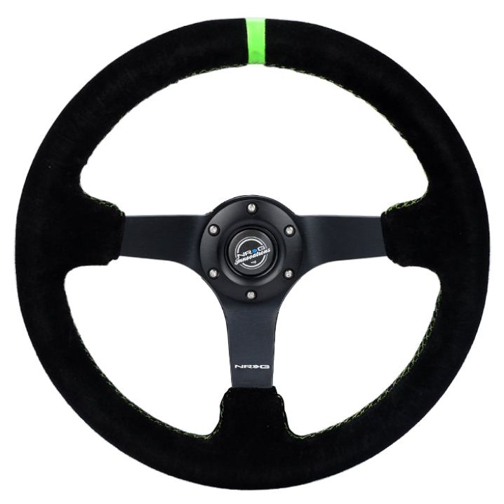 NRG Reinforced Steering Wheel 350mm/3in. Deep Blk Suede/ Neon Green Stitch w/5mm Matte Black Spoke-tuningsupply.com