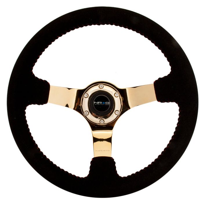 NRG Reinforced Steering Wheel (350mm / 3in. Deep) Blk Suede w/Red BBall Stitch & Chrome Gold 3-Spoke-tuningsupply.com