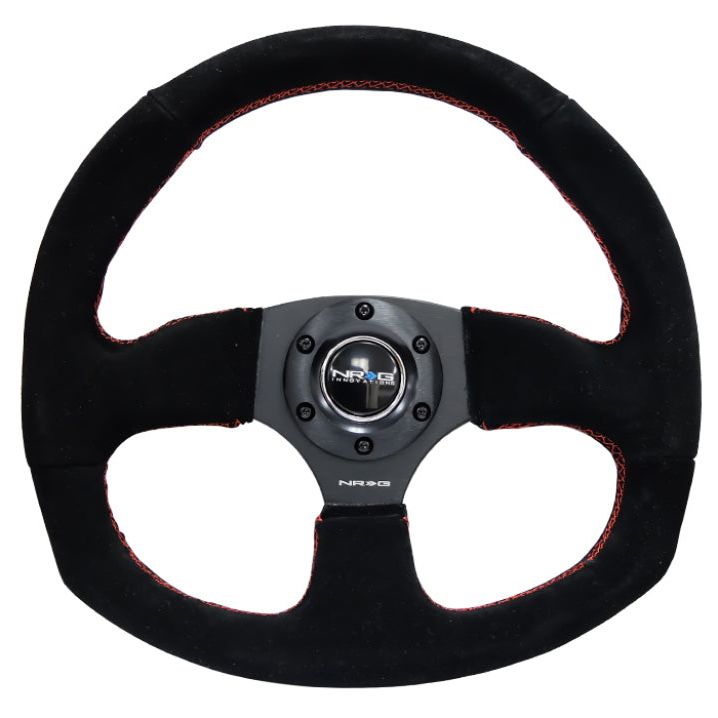 NRG Reinforced Steering Wheel (320mm Horizontal / 330mm Vertical) Suede w/Red Stitch-tuningsupply.com