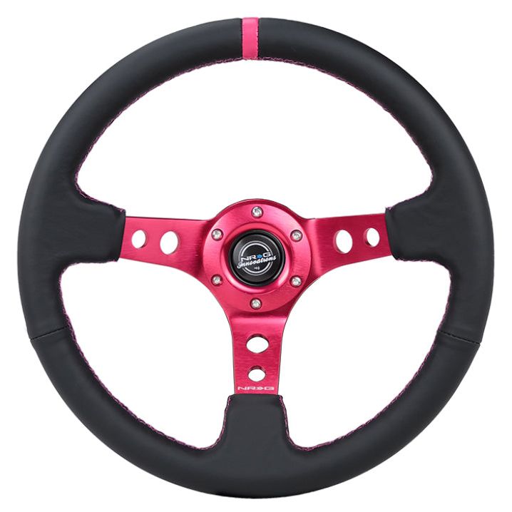 NRG Reinforced Steering Wheel (350mm/3in. Deep) Black Leather/ Fushia Center Mark/ Fushia Stitching - SMINKpower Performance Parts NRGRST-006FH NRG