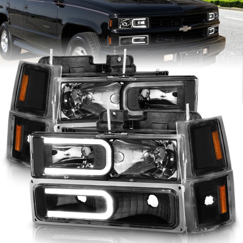 ANZO 88-98 Chevrolet C1500 Crystal Headlights w/ Light Bar Black Housing w/ Signal Side Markers 8Pcs-tuningsupply.com