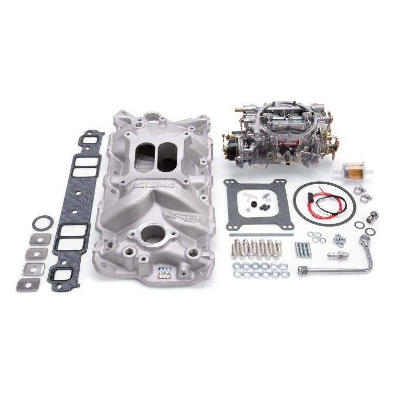 Edelbrock Manifold And Carb Kit Performer Eps Small Block Chevrolet 1957-1986 Natural Finish-tuningsupply.com