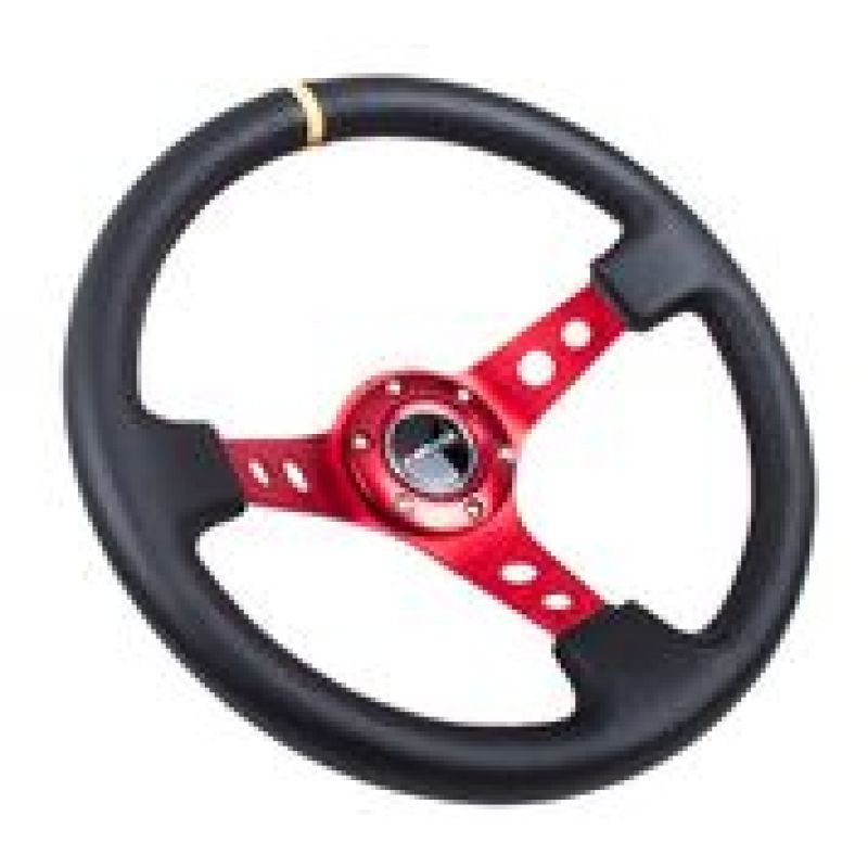 NRG Reinforced Steering Wheel (350mm / 3in. Deep) Blk Leather w/Red Spokes & Sgl Yellow Center Mark-tuningsupply.com