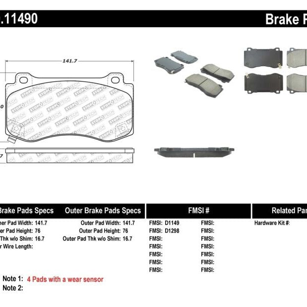 StopTech Performance 06-08 Dodge Magnum SRT-8 / 06-09 Charger SRT-8 / 09-10 Challenger SRT-8 / 06-1-Brake Pads - Performance-Stoptech-STO309.11490-SMINKpower Performance Parts