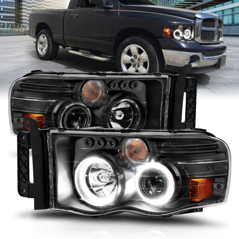 ANZO 2002-2005 Dodge Ram 1500 Projector Headlights w/ Halo Black Clear Amber-tuningsupply.com