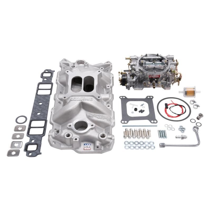 Edelbrock Manifold And Carb Kit Performer Eps Small Block Chevrolet 1957-1986 Natural Finish-tuningsupply.com