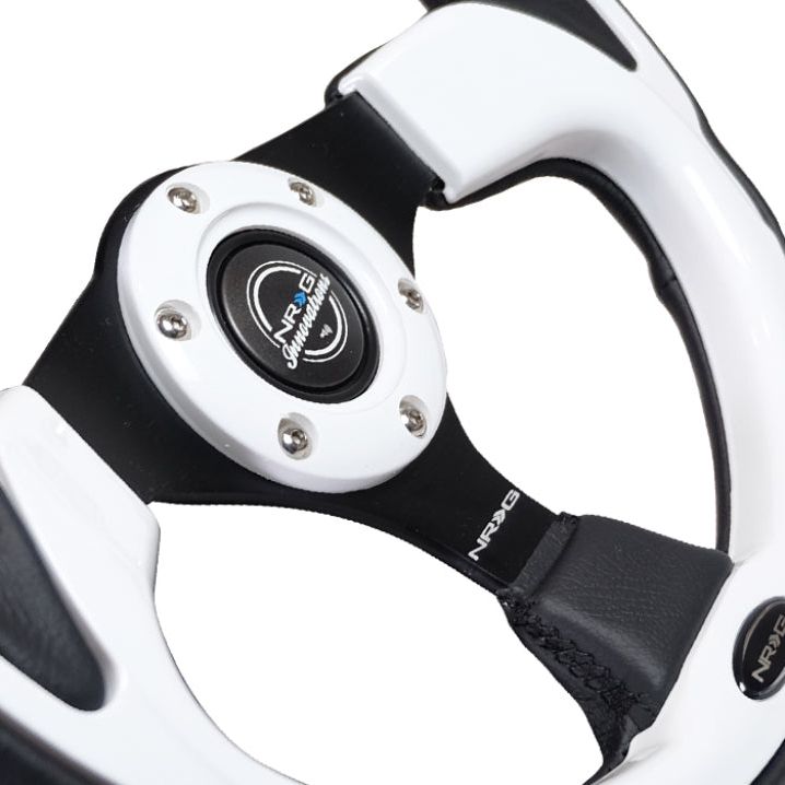 NRG Reinforced Steering Wheel (320mm) Blk w/White Trim & 4mm 3-Spoke-tuningsupply.com