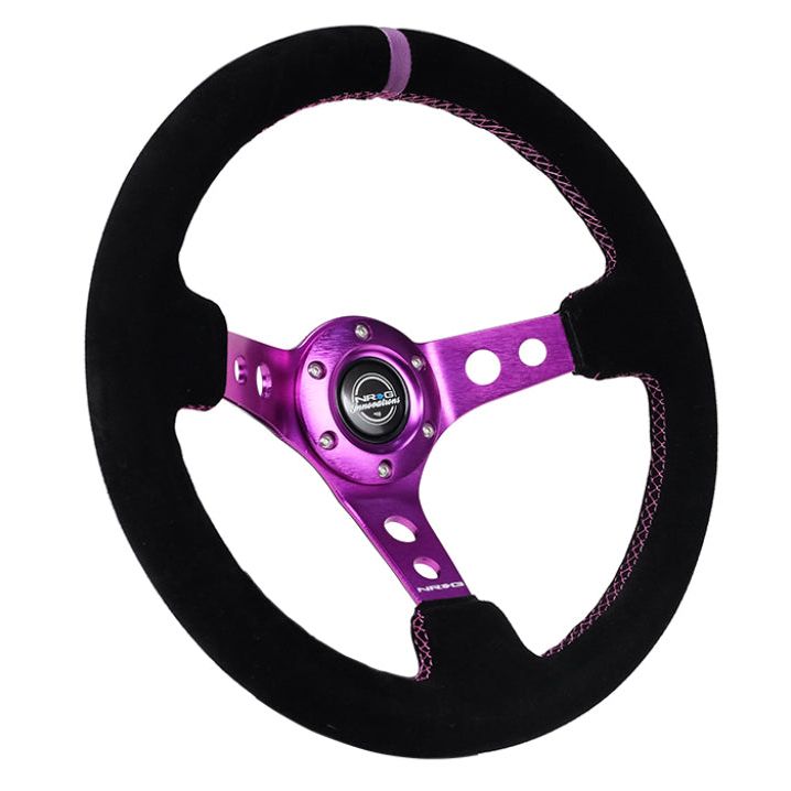 NRG Reinforced Steering Wheel (350mm / 3in. Deep) Black Suede w/Purple Center & Purple Stitching-tuningsupply.com