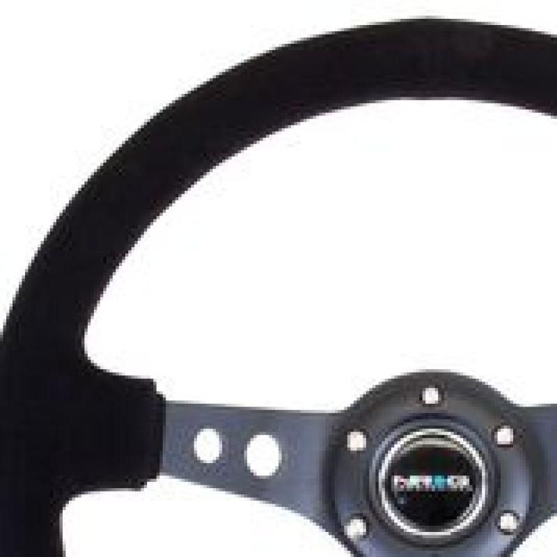 NRG Reinforced Steering Wheel (350mm / 3in. Deep) Blk Suede/Blk Stitch w/Black Circle Cutout Spokes-tuningsupply.com