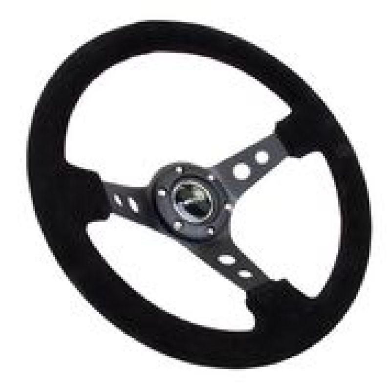 NRG Reinforced Steering Wheel (350mm / 3in. Deep) Blk Suede/Blk Stitch w/Black Circle Cutout Spokes - SMINKpower Performance Parts NRGRST-006-S NRG