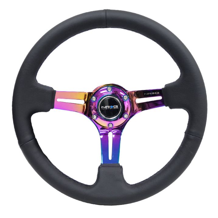 NRG Reinforced Steering Wheel (350mm / 3in. Deep) Blk Leather/Blk Stitch w/Neochrome Slits-Steering Wheels-NRG-NRGRST-018R-MCBS-SMINKpower Performance Parts