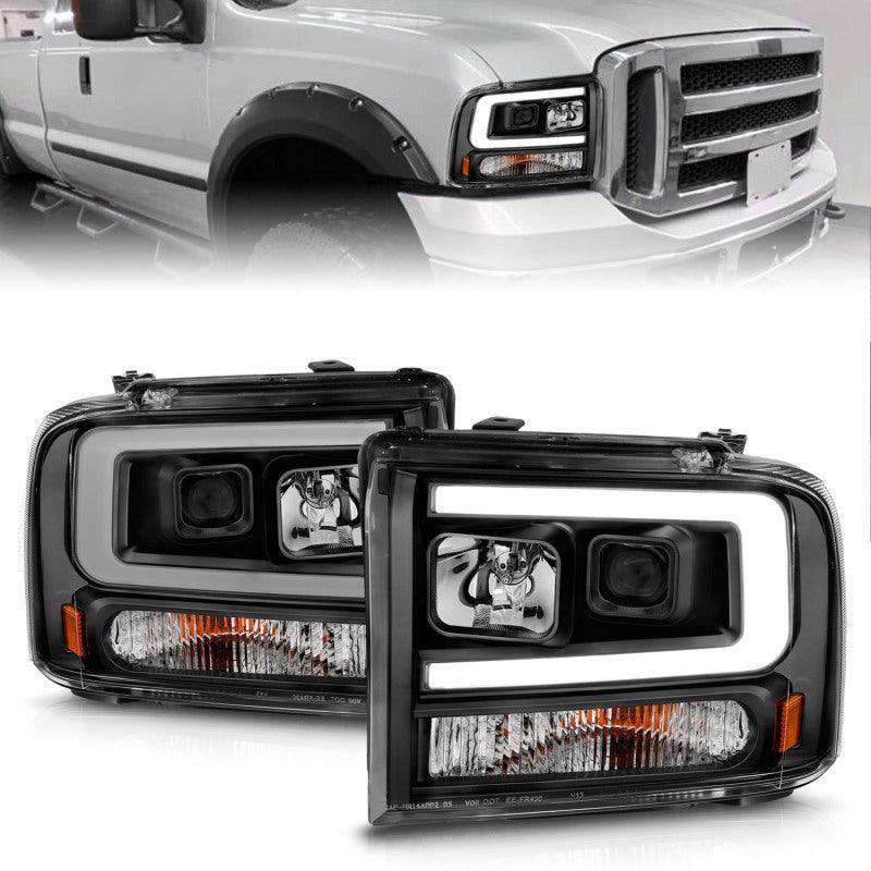 ANZO 99-04 Ford F250/F350/F450/Excursion (excl 99) Projector Headlights - w/ Light Bar Black Housing-tuningsupply.com