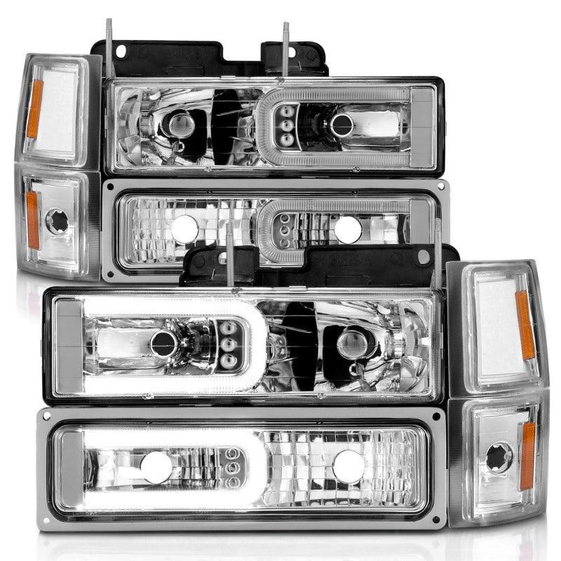 ANZO 88-98 Chevrolet C1500 Crystal Headlights w/Light Bar Chrome Housing w/ Signal Side Markers 8Pcs-tuningsupply.com