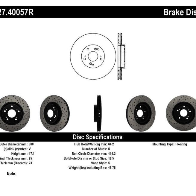 StopTech 02-06 Acura RSX Type S / 06-09 Honda Civic Si Slotted & Drilled Right Front Rotor-Brake Rotors - Slot & Drilled-Stoptech-STO127.40057R-SMINKpower Performance Parts