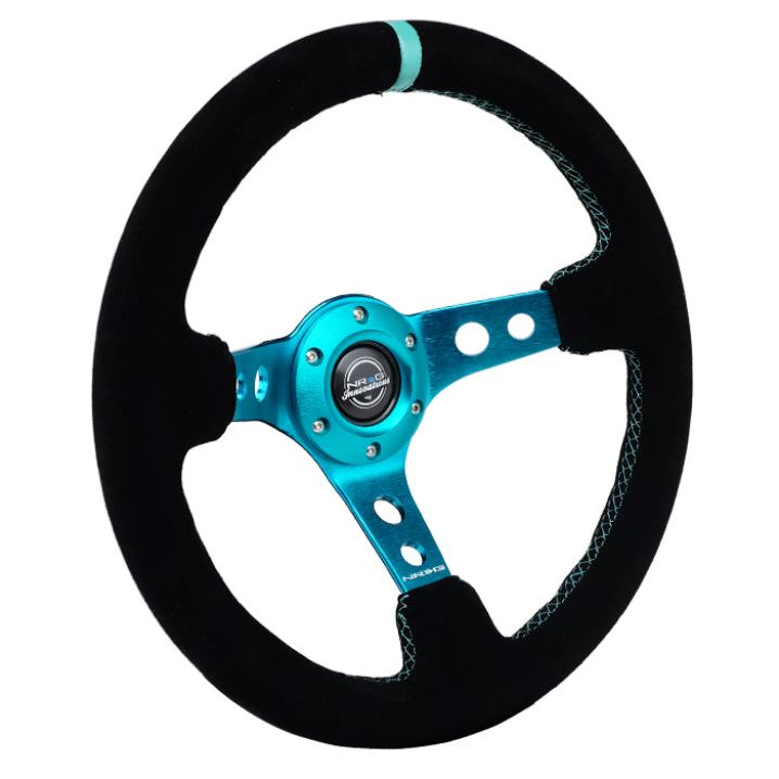 NRG Reinforced Steering Wheel (350mm/ 3in. Deep) Black Suede/ Teal Center Mark/ Teal Stitching-tuningsupply.com