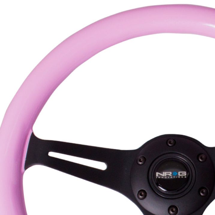 NRG Classic Wood Grain Steering Wheel (350mm) Solid Pink Painted Grip w/Black 3-Spoke Center-tuningsupply.com