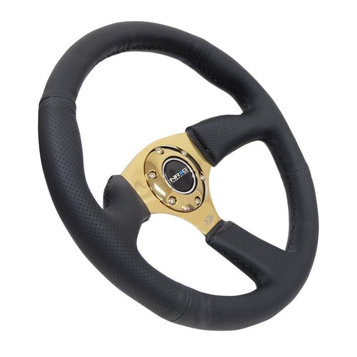 NRG Reinforced Steering Wheel (350mm / 2.5in. Deep) Leather Race Comfort Grip w/4mm Gold Spokes - SMINKpower Performance Parts NRGRST-023GD-R NRG