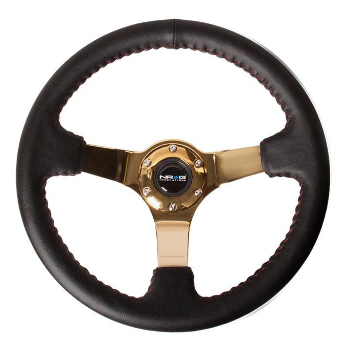 NRG Reinforced Steering Wheel (350mm / 3in. Deep) Blk Leather/Red BBall Stitch w/4mm Gold Spokes-tuningsupply.com