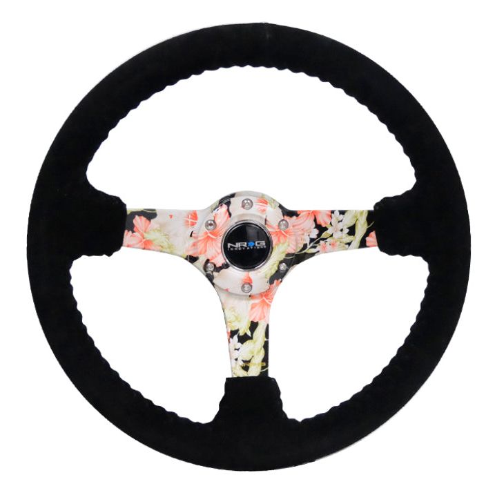 NRG Reinforced Steering Wheel (350mm / 3in. Deep) Blk Suede Floral Dipped w/ Blk Baseball Stitch-tuningsupply.com