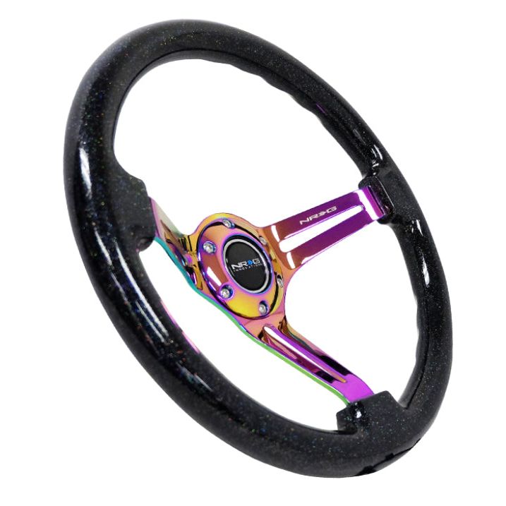 NRG Reinforced Steering Wheel (350mm / 3in. Deep) Blk Multi Color Flake w/ Neochrome Center Mark-tuningsupply.com