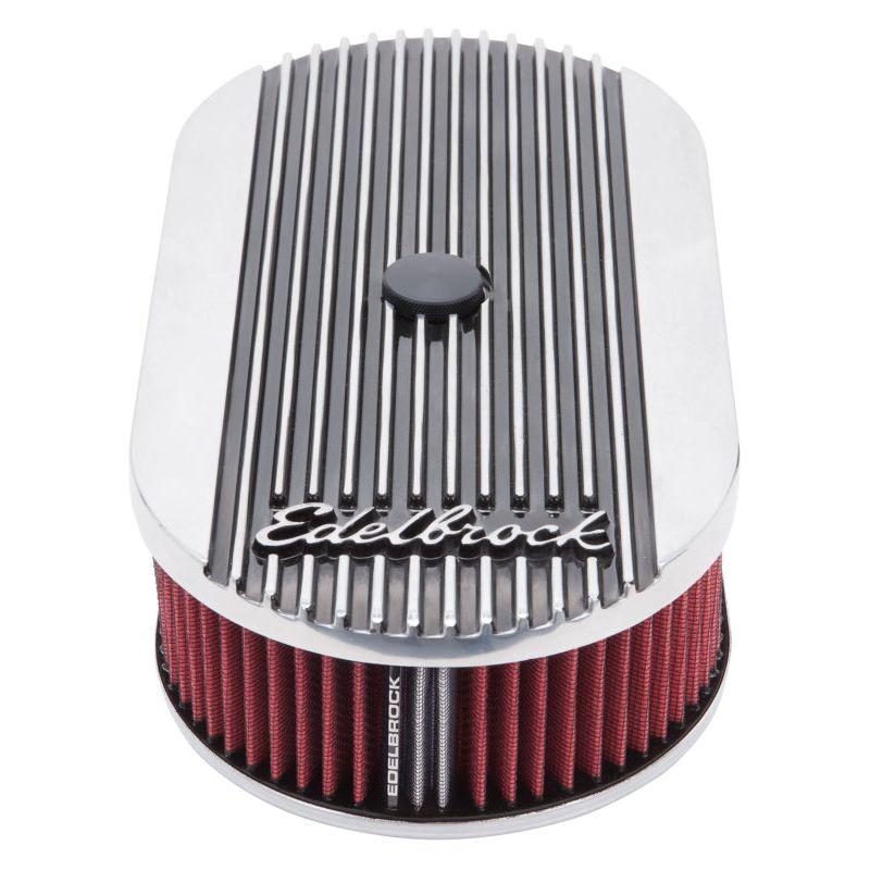 Edelbrock Air Cleaner Elite II Oval Single 4-Bbl Carb 2 5In Red Element Polished-tuningsupply.com