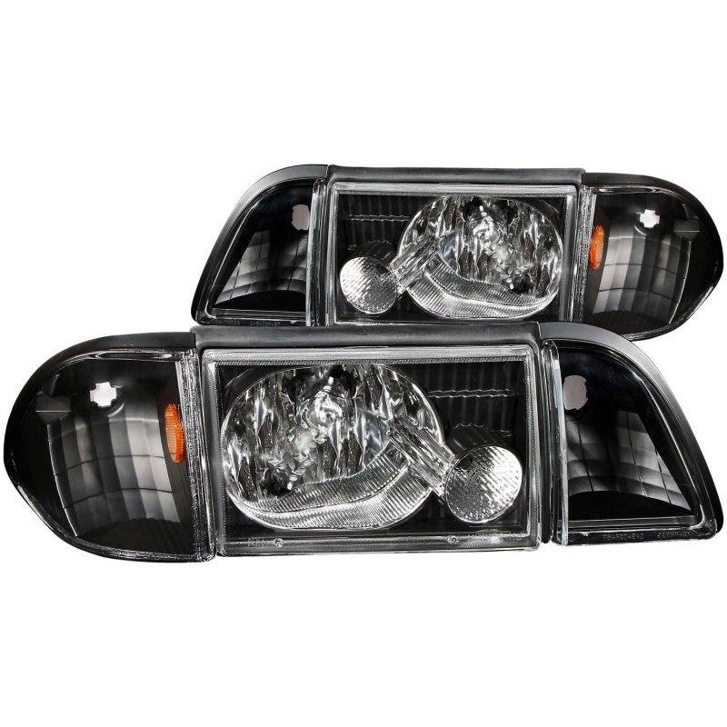 ANZO 1987-1993 Ford Mustang Crystal Headlights Black w/ Corner Lights 3pc-tuningsupply.com