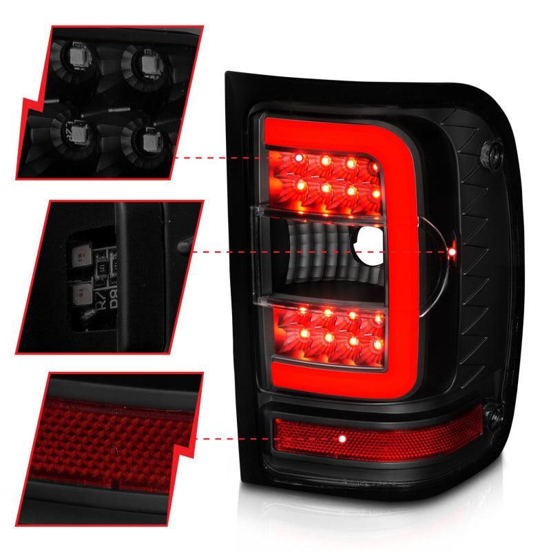 ANZO 01-11 Ford Ranger LED Taillights - Black Housing w/ Smoke Lens & Light Bar-tuningsupply.com