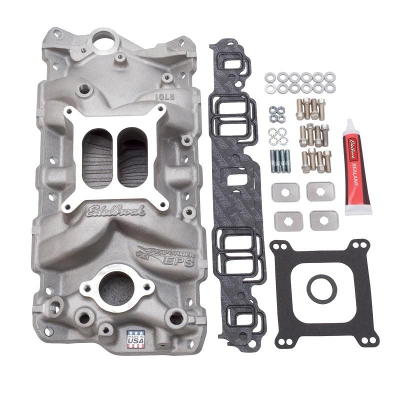 Edelbrock Manifold w/ Installation Kit Performer Eps SBC 1957-1986 Natural Finish-tuningsupply.com