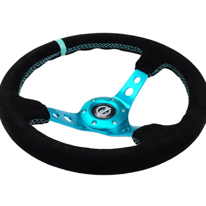 NRG Reinforced Steering Wheel (350mm/ 3in. Deep) Black Suede/ Teal Center Mark/ Teal Stitching-tuningsupply.com