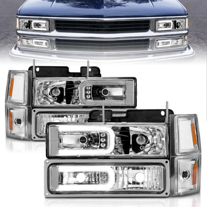 ANZO 88-98 Chevrolet C1500 Crystal Headlights w/Light Bar Chrome Housing w/ Signal Side Markers 8Pcs-tuningsupply.com