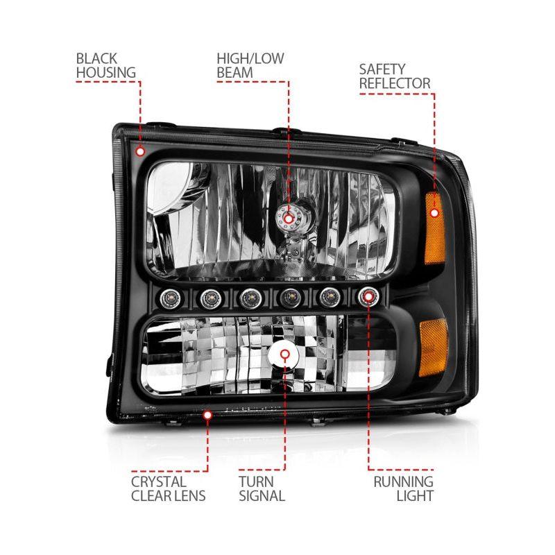 ANZO 2000-2004 Ford Excursion Crystal Headlights Black w/ LED 1pc-tuningsupply.com