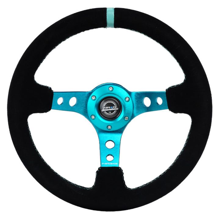 NRG Reinforced Steering Wheel (350mm/ 3in. Deep) Black Suede/ Teal Center Mark/ Teal Stitching - SMINKpower Performance Parts NRGRST-006S-TL NRG