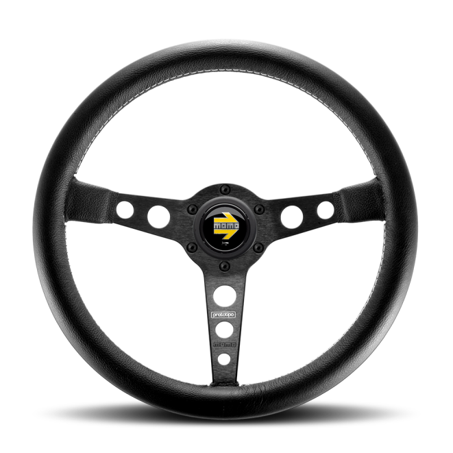 Momo Prototipo Steering Wheel 350 mm - Black Leather/Wht Stitch/Black Spokes-tuningsupply.com