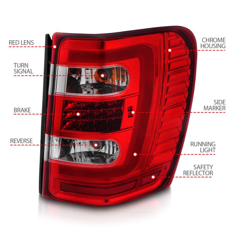 ANZO 1999-2004 Jeep Grand Cherokee LED Tail Lights w/ Light Bar Chrome Housing Red/Clear Lens-tuningsupply.com