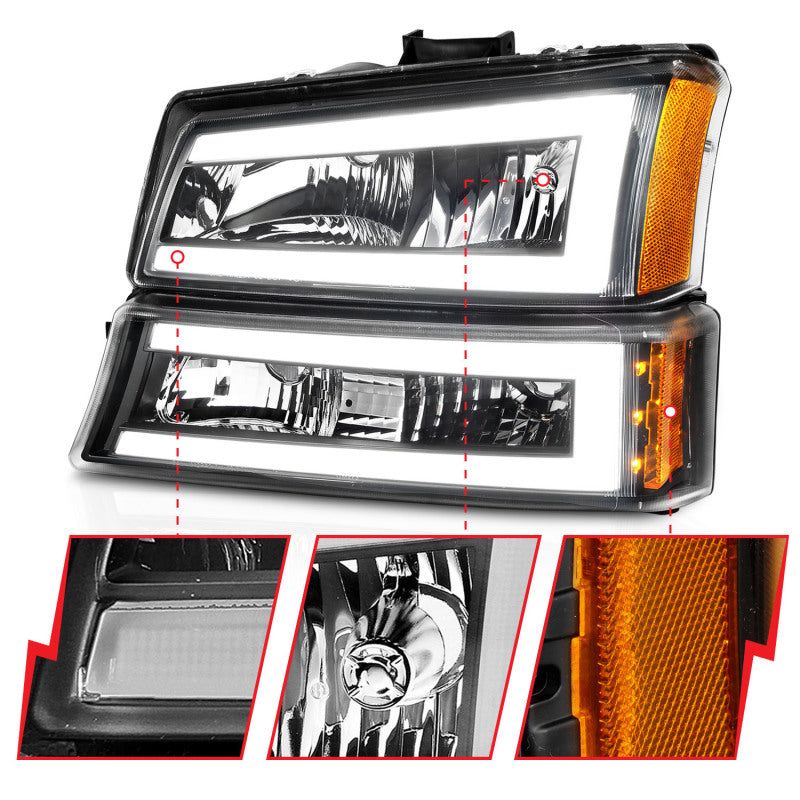 ANZO 2003-2006 Chevrolet Silverado 1500 Crystal Headlights w/ Light Bar Black Housing-tuningsupply.com