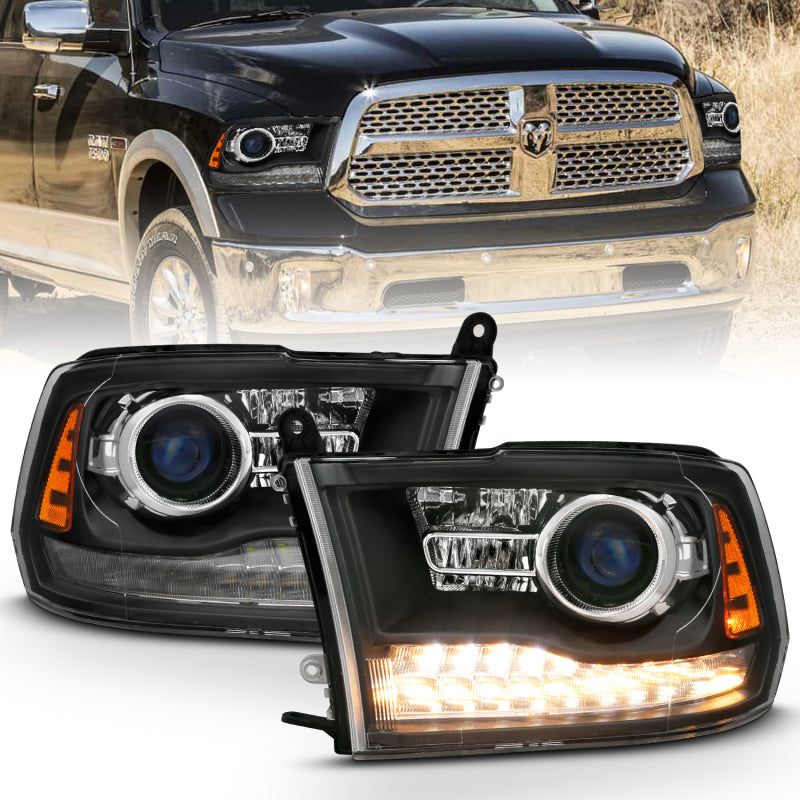 ANZO 2009-2018 Dodge Ram 1500 Projector Headlights Plank Style Halo w/Switchback Matte Black-tuningsupply.com