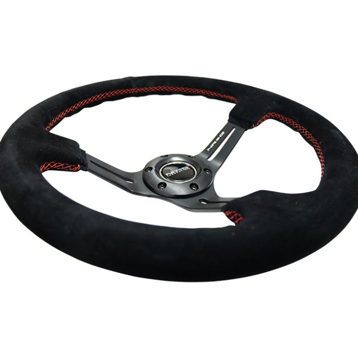 NRG Reinforced Steering Wheel (350mm / 3in. Deep) Blk Suede w/Red Stitching & 5mm Spokes w/Slits-tuningsupply.com