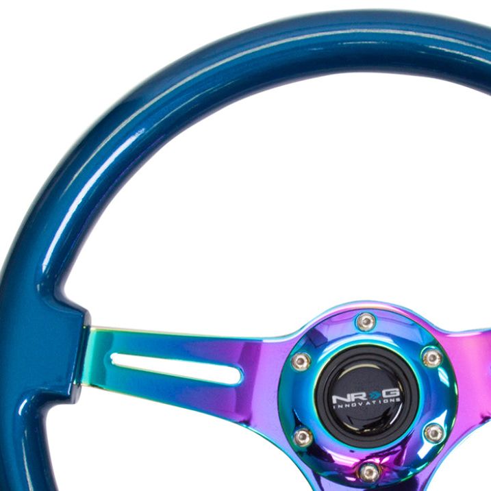 NRG Classic Wood Grain Steering Wheel (350mm) Blue Pearl/Flake Paint w/Neochrome 3-Spoke Center-tuningsupply.com