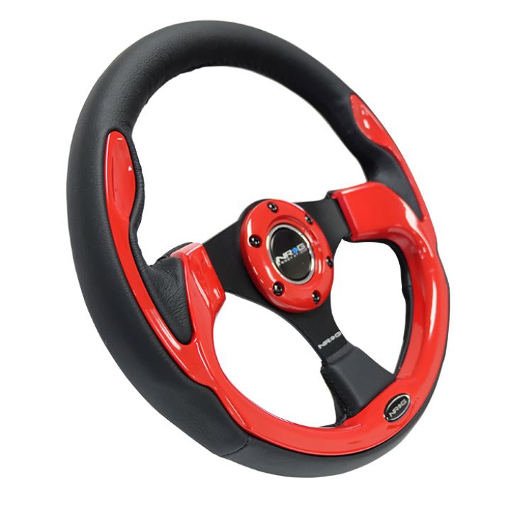 NRG Reinforced Steering Wheel (320mm) Blk w/Red Trim & 5mm 3-Spoke-tuningsupply.com