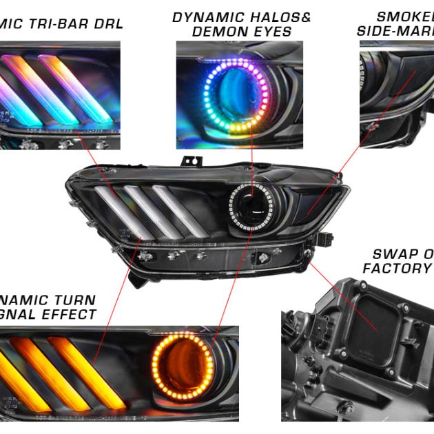 Oracle 15-17 Ford Mustang Dynamic RGB+A Pre-Assembled Headlights - Black Edition - ColorSHIFT - SMINKpower Performance Parts ORL8199-332 ORACLE Lighting