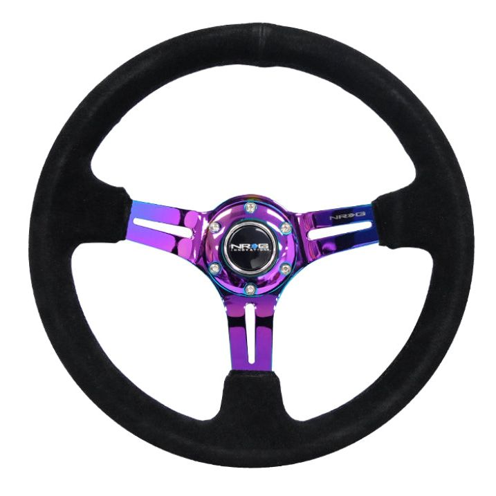 NRG Reinforced Steering Wheel (350mm / 3in. Deep) Blk Suede/Blk Stitch w/Neochrome Slits-Steering Wheels-NRG-NRGRST-018S-MCBS-SMINKpower Performance Parts