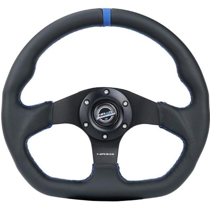 NRG Reinforced Steering Wheel (320mm) Sport Leather Flat Bottom w/ Blue Center/ Blue Stitching-tuningsupply.com