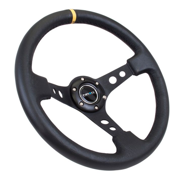 NRG Reinforced Steering Wheel (350mm / 3in. Deep) Blk Leather w/Blk Cutout Spoke/Yellow Center Mark-Steering Wheels-NRG-NRGRST-006BK-Y-SMINKpower Performance Parts