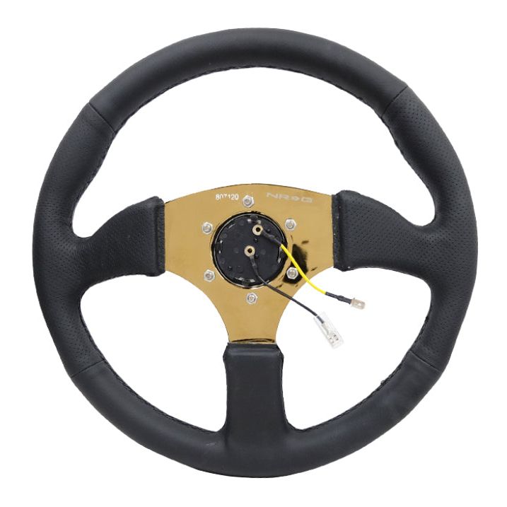 NRG Reinforced Steering Wheel (350mm / 2.5in. Deep) Leather Race Comfort Grip w/4mm Gold Spokes - SMINKpower Performance Parts NRGRST-023GD-R NRG