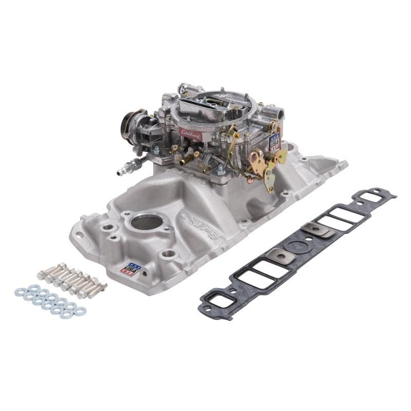 Edelbrock Manifold And Carb Kit Performer Eps Small Block Chevrolet 1957-1986 Natural Finish-tuningsupply.com